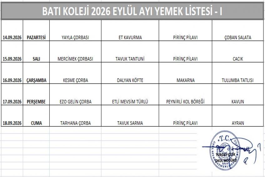 EYLÜL AYI (2026) - YEMEK LİSTESİ I
