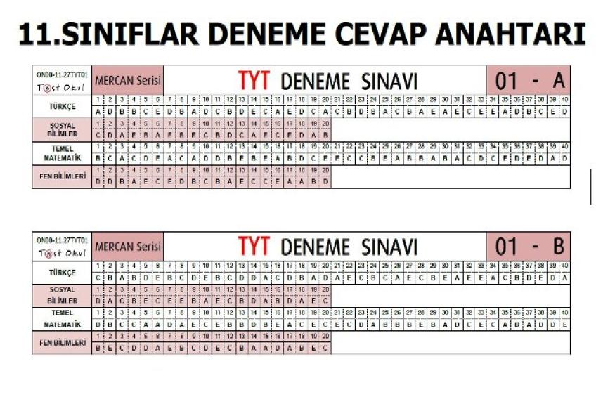 11 VE 12. SINIFLAR DENEME CEVAP ANAHTARLARI