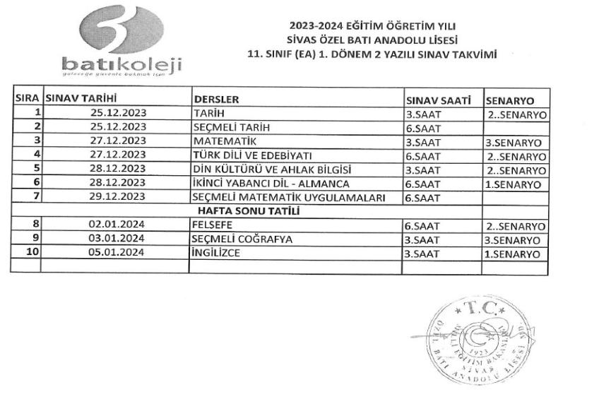 2023-2024 EĞİTİM ÖĞRETİM YILI 1.DÖNEM 2. YAZILI TARİHLERİ 