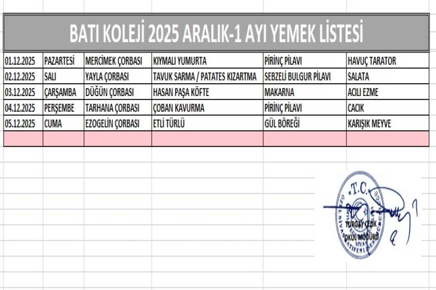 ARALIK AYI (2025) YEMEK LİSTESİ - I