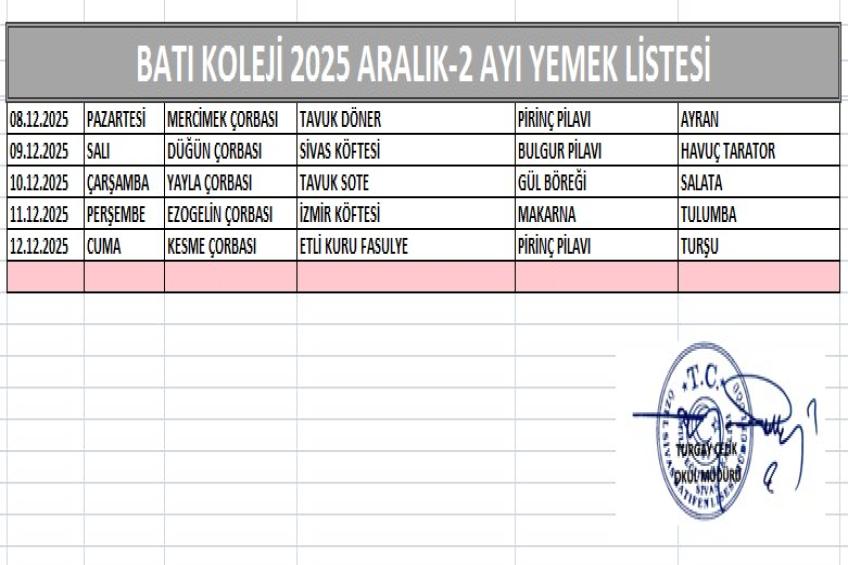ARALIK AYI (2025) YEMEK LİSTESİ - II