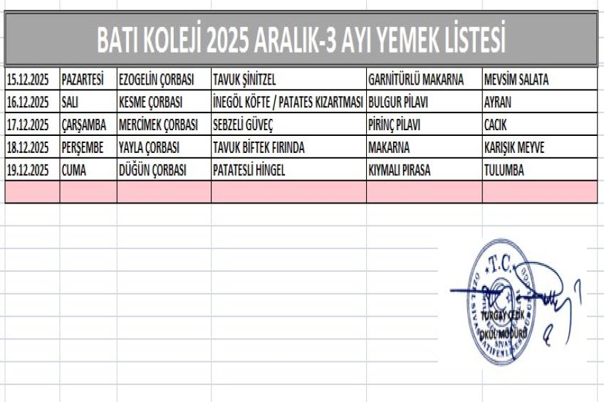 ARALIK AYI (2025) YEMEK LİSTESİ - III