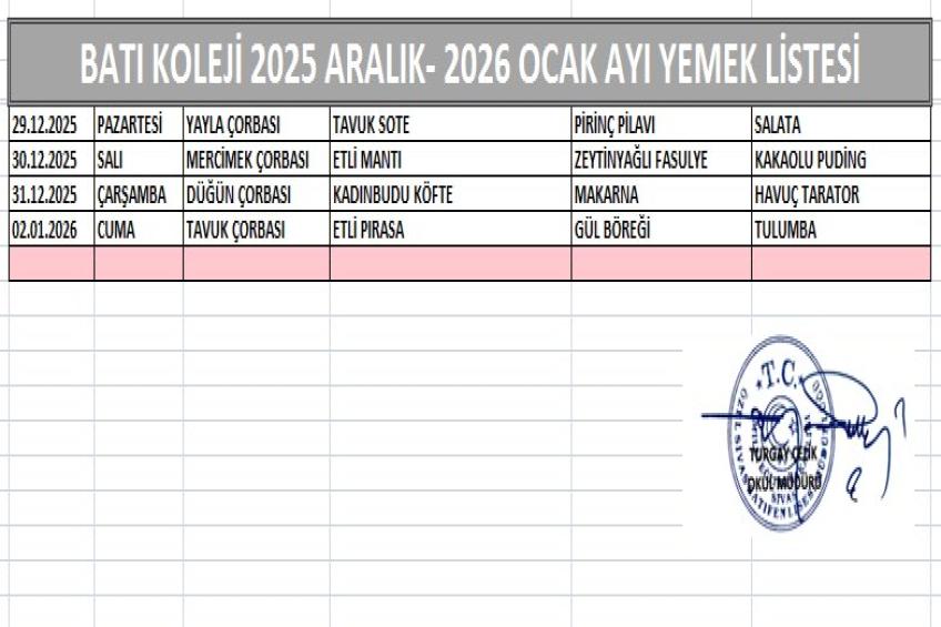 ARALIK (2025) - OCAK AYI (2026) YEMEK LİSTESİ - 1