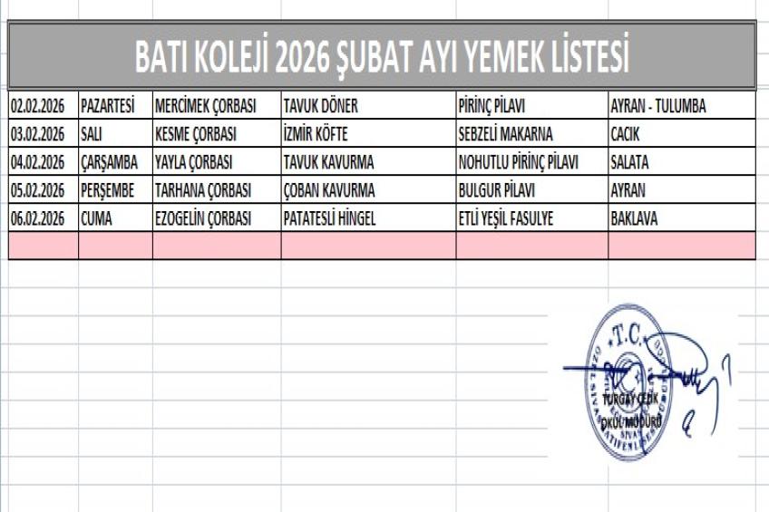 ŞUBAT AYI (2026) YEMEK LİSTESİ - I