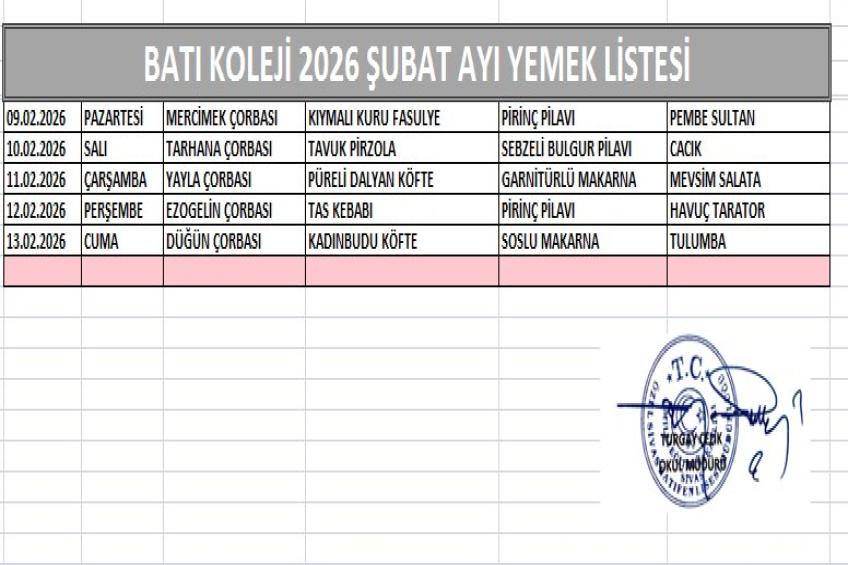 ŞUBAT AYI (2026) YEMEK LİSTESİ - II