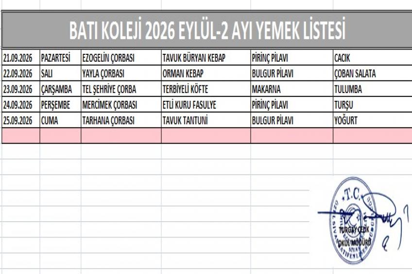 EYLÜL AYI (2026) - YEMEK LİSTESİ II