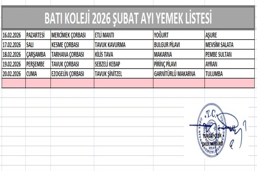ŞUBAT AYI (2026) YEMEK LİSTESİ - III