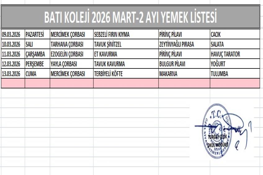 MART AYI (2026) YEMEK LİSTESİ - II