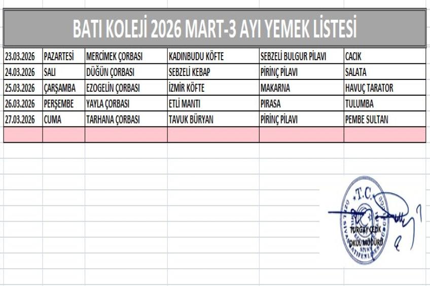 MART AYI (2026) YEMEK LİSTESİ - III