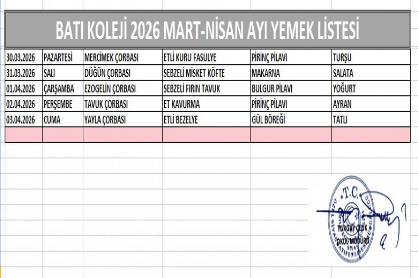 MART AYI - NİSAN AYI (2026) YEMEK LİSTESİ - I