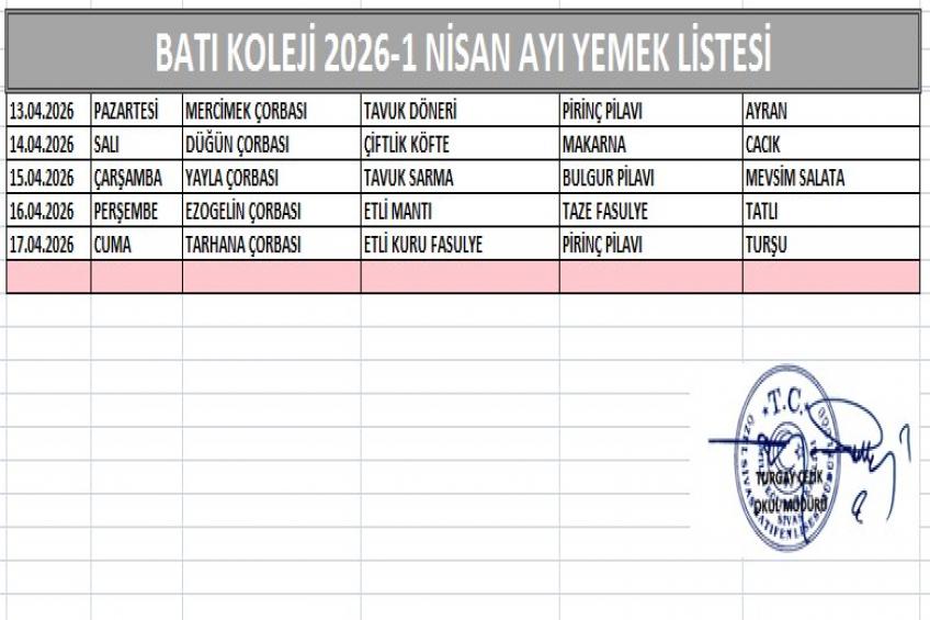 NİSAN AYI (2026) YEMEK LİSTESİ-II