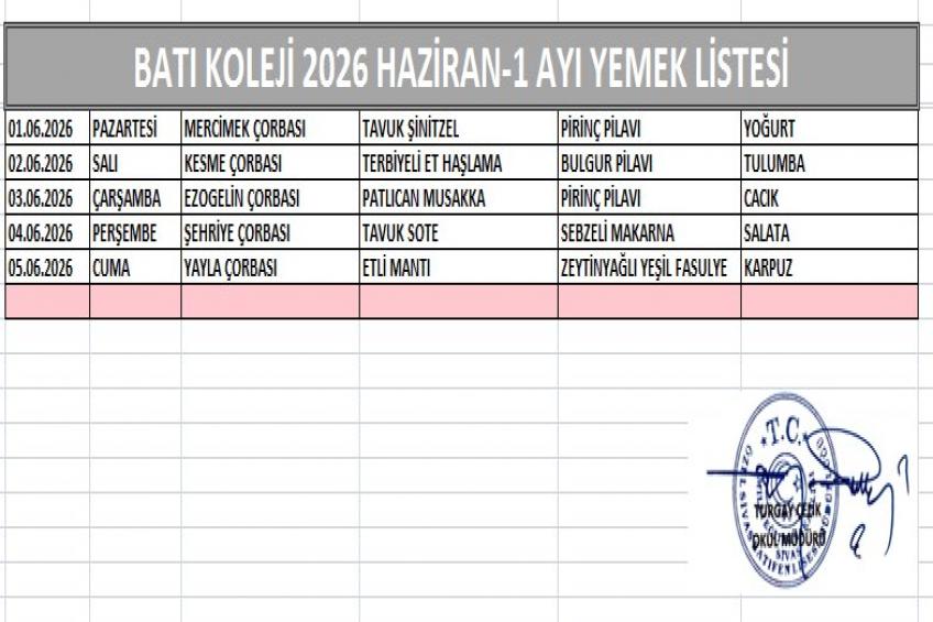 HAZİRAN AYI (2026) YEMEK LİSTESİ-I