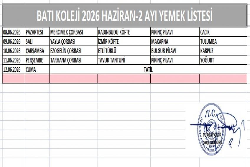 HAZİRAN AYI (2026) YEMEK LİSTESİ-II