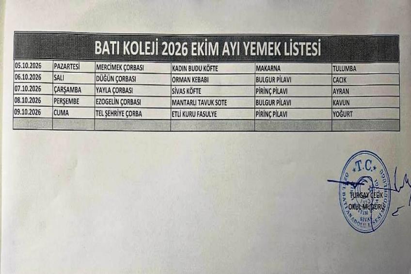 EKİM AYI (2026) - YEMEK LİSTESİ I