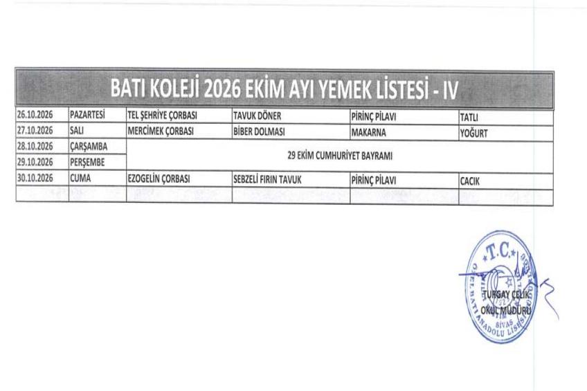 EKİM AYI (2026) - YEMEK LİSTESİ IV