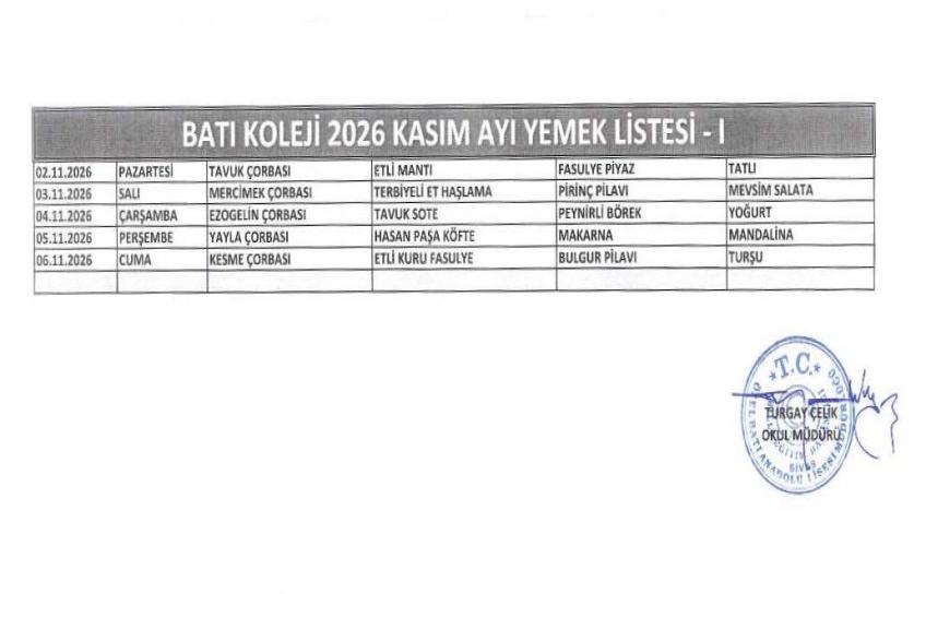 KASIM AYI (2026) YEMEK LİSTESİ-I