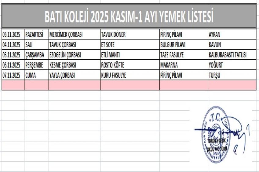 KASIM AYI (2025) YEMEK LİSTESİ - I