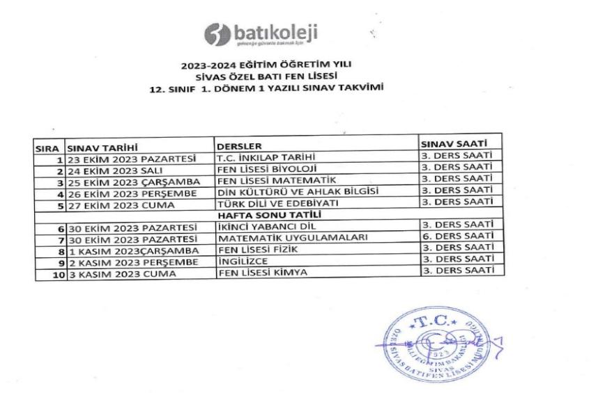 2023-2024 1. DÖNEM 1. YAZILI TARİHLERİ
