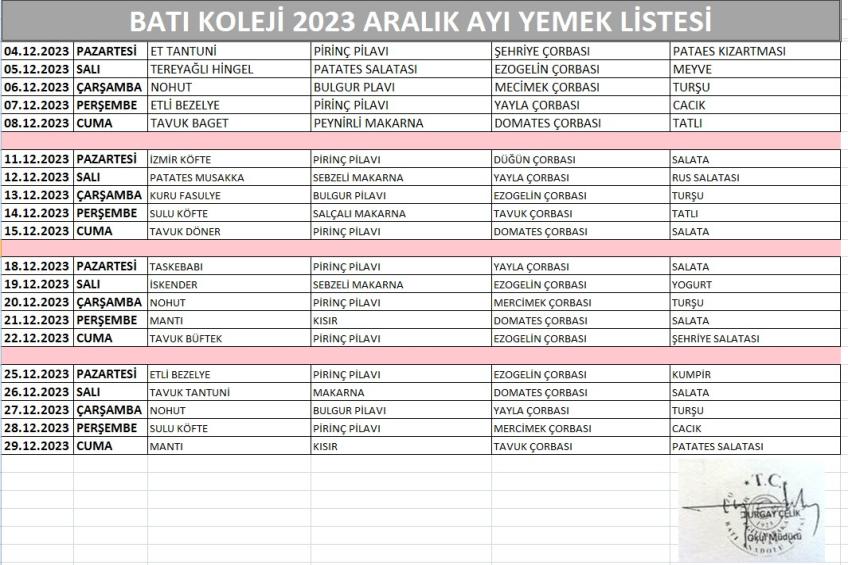 ARALIK AYI (2023) YEMEK LİSTESİ