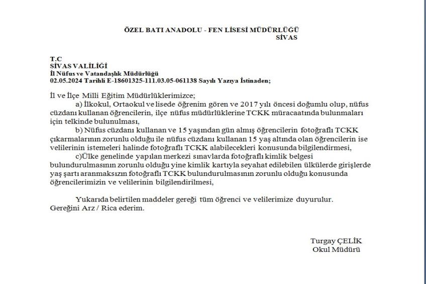 Sivas Valiliği Türkiye Cumhuriyeti Kimlik Kartı Yazısı Gereğince