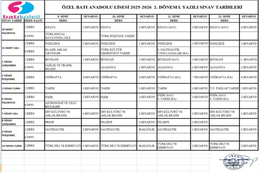 2.DÖNEM I.YAZILI SINAV TARİHLERİ VE SENARYOLAR