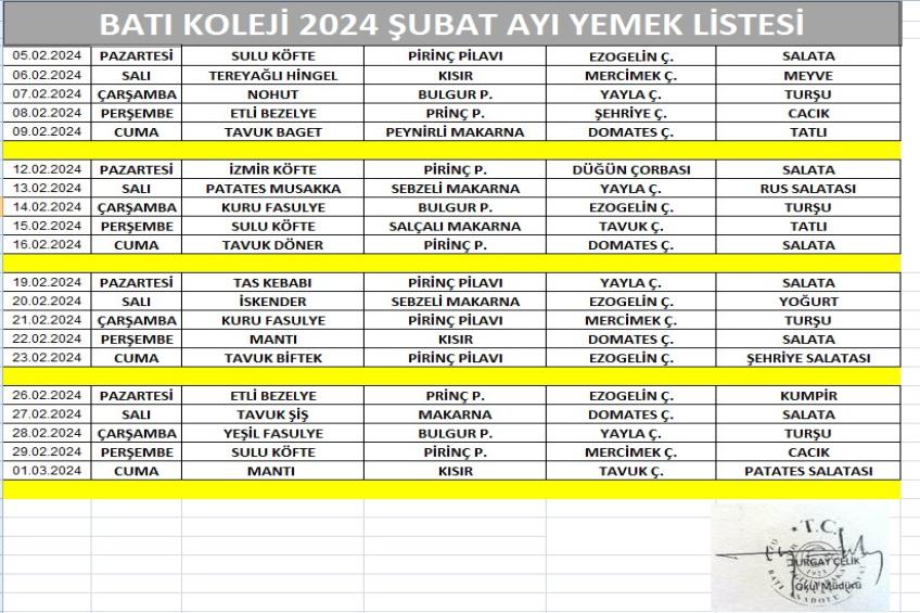 ŞUBAT AYI YEMEK LİSTESİ (2024)