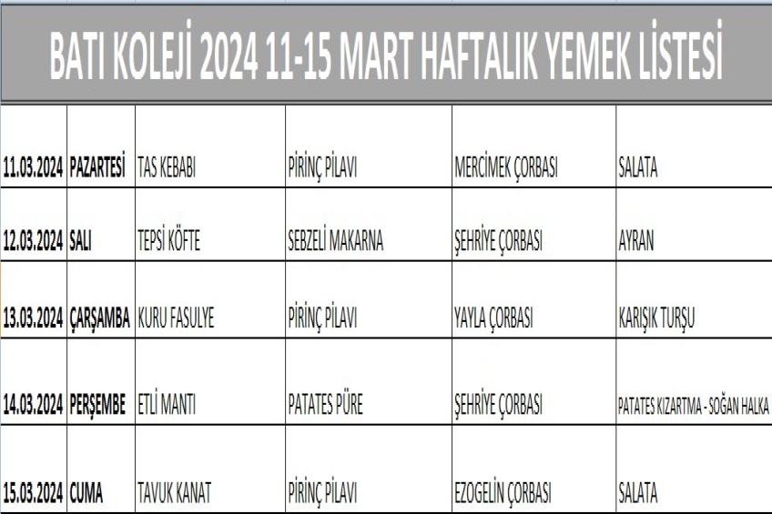 11-15 MART HAFTALIK YEMEK LİSTESİ
