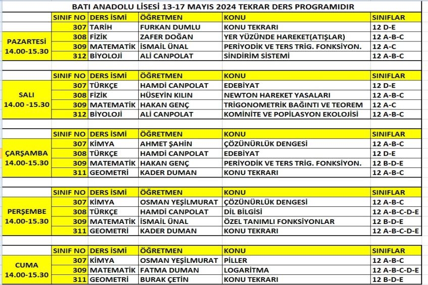 12.SINIF ANADOLU LİSESİ 13 - 17 MAYIS TEKRAR DERSLERİ PROGRAMIDIR