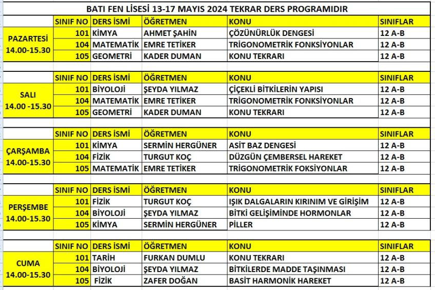 12.SINIF FEN LİSESİ 13 - 17 MAYIS TEKRAR DERSLERİ PROGRAMIDIR