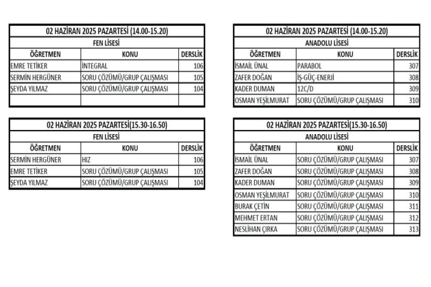 02-04 Haziran Arası Uygulanacak Programdır
