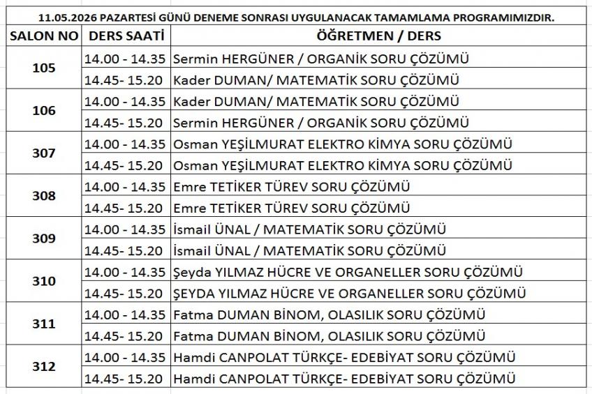 11.05.2026 DENEME SONRASI TAMAMLAMA PROGRAMIMIZ