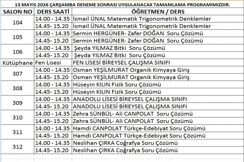 13.05.2026 DENEME SONRASI TAMAMLAMA PROGRAMIMIZ