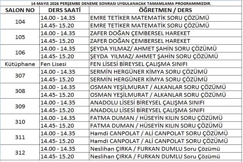 14.05.2026 DENEME SONRASI TAMAMLAMA PROGRAMIMIZ