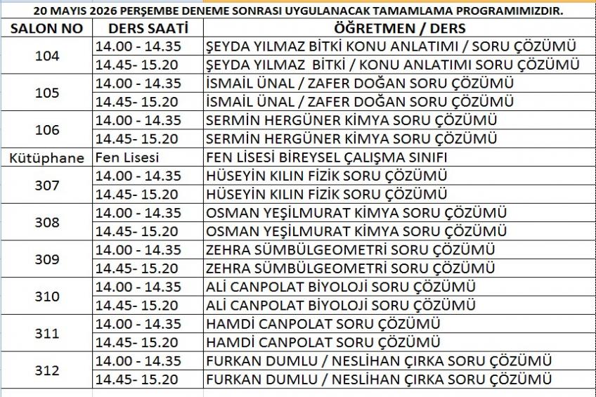 20.05.2026 DENEME SONRASI TAMAMLAMA PROGRAMIMIZ