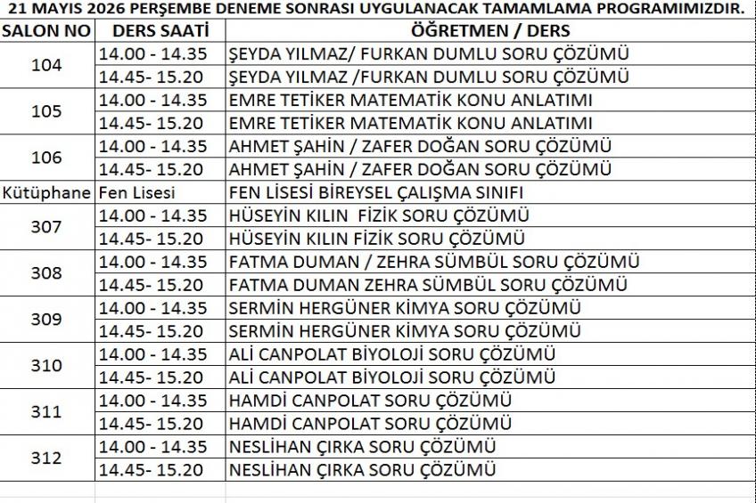 21.05.2026 DENEME SONRASI TAMAMLAMA PROGRAMIMIZ