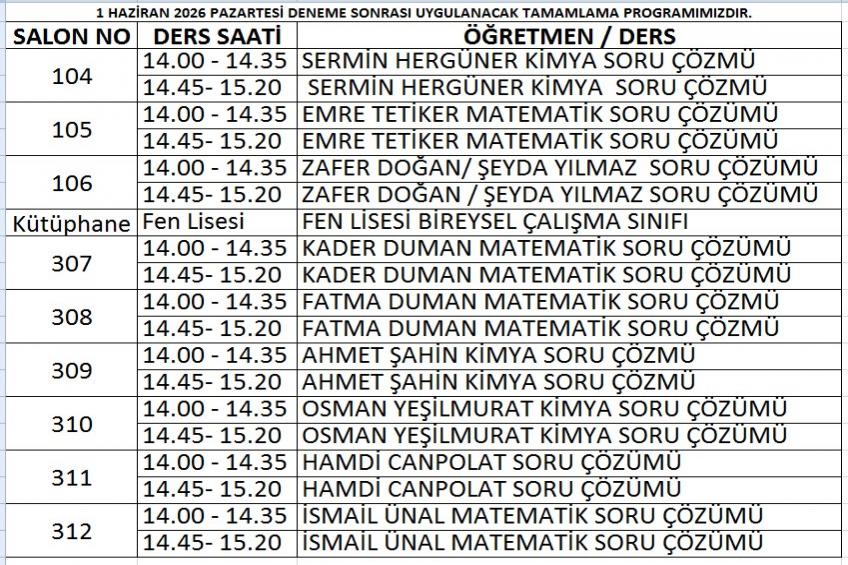 01.06.2026 DENEME SONRASI TAMAMLAMA PROGRAMIMIZ