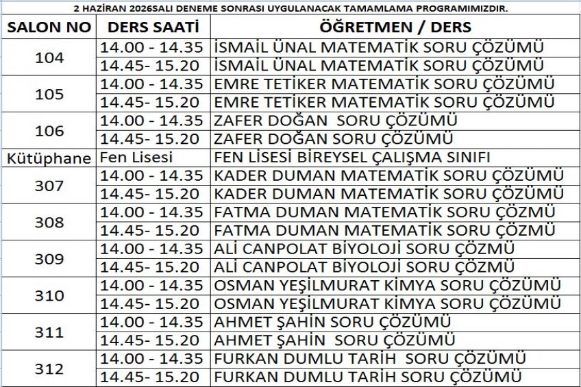 02.06.2026 DENEME SONRASI TAMAMLAMA PROGRAMIMIZ