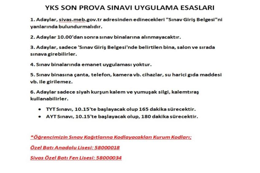 SİVAS MEM "YKS SON PROVA" DENEME SINAVI YÖNERGESİ