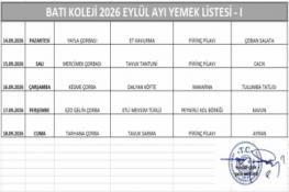 EYLÜL AYI (2026) - YEMEK LİSTESİ I