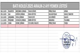 ARALIK AYI (2025) YEMEK LİSTESİ - II