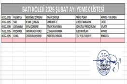 ŞUBAT AYI (2026) YEMEK LİSTESİ - I