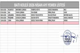 NİSAN AYI (2026) YEMEK LİSTESİ - I
